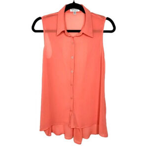 Nado Sheer Button Up Front Collared Blouse Sleeveless Orange Size Small